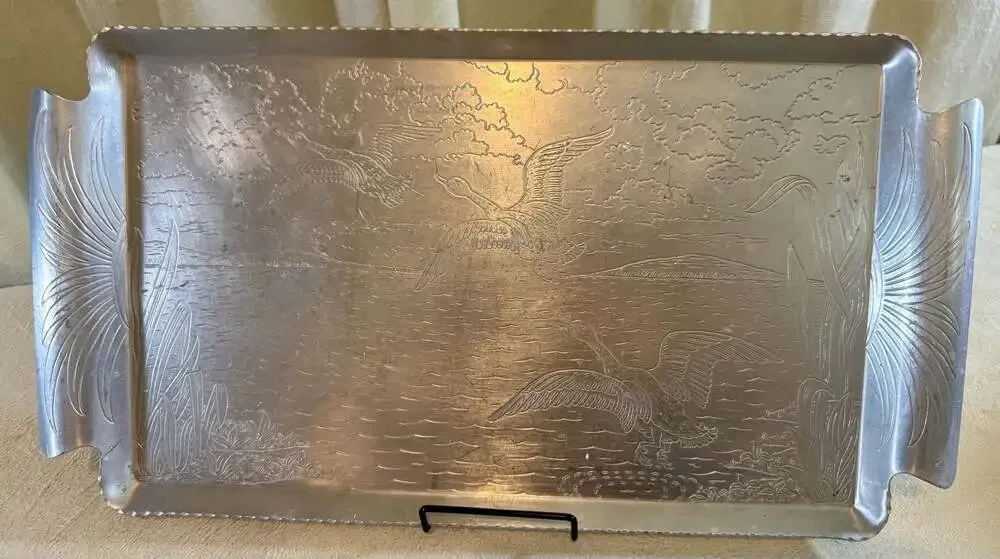 Vintage Admiration Aluminum Serving Tray with Embossed Geese Scenery
